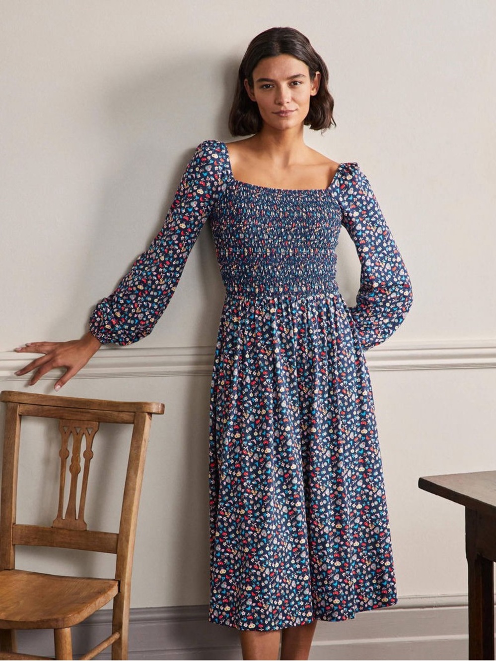 Boden Smocked Jersey Midi Dress Long Sleeve Floral Cherries Birds Blue US 10